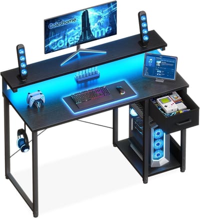 Gaming Bureau met LED Verlichting - Computerbureau met Monitorstandaard, Lade en CPU-Houder - Omkeerbaar Bureau met Opbergruimte voor Thuiswerken, Studeren en Gaming - 100 x 48 x 76 cm - PC Bureau Werkbureau