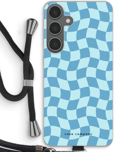 Case Company® - Hoesje met koord geschikt voor Samsung Galaxy S24 Plus hoesje met Koord - Grid Blauw - Telefoonhoesje met Zwart Koord - Bescherming aan alle Kanten en Over de Schermrand