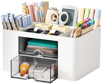 Bureau-Organizer met 2 Laden, 3 Pennenhouders, 1 Bovenste Plank en 1 Notitieblokhouder, 19.5x14x10cm Multifunctionele Kunststof Bureau-Organizer, Voor Kantoor, Thuis, School (Wit)