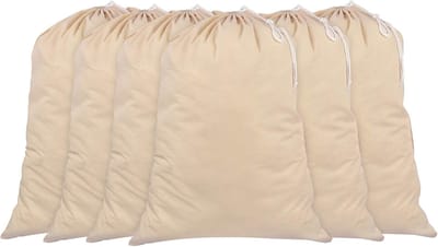 Famanu - Pack van 6 - 100% Katoen Extra Large Heavy Duty Waszakken in Natuurlijke Kleur – 71 CM x 91 CM – Zeer duurzaam, Trekkoord met koord-lock, Machine Wasbaar en herbruikbaar