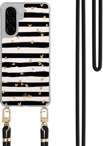 Casimoda® hoesje met zwart koord - Geschikt voor Samsung A56 - Hart Streepjes - Afneembaar koord - TPU/polycarbonaat - Zwart