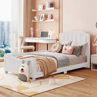 Gutent Kinderbed, Beige (zonder matras), 90*200cm Slaapbank, bedframe, flanel, multifunctioneel zacht bed met rugleuning, armleuningen
