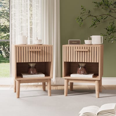 Nachtkastje (2 stuks) met 1 open plank en 1 lade, set van 2 moderne nachtkastjes, ladekast, nachtkastje voor slaapkamer, woonkamer, houtkleur