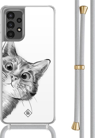 Casimoda® hoesje met grijs koord - Geschikt voor Samsung A13 4G - Peekaboo Kat - Afneembaar koord - TPU/polycarbonaat - Grijs