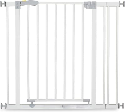 Open N Stop, ingeklemd veiligheidshek met verlengstuk van 9 cm, 84-89 cm, uit te breiden met aparte verlengstukken, geschikt voor Y-spindel voor ronde palen, metalen hek voor kinderen - wit