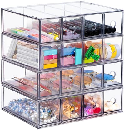 4 stuks lade-organizer met 16 vakken, lade, stapelbox, bureau-organizer met afneembare lade, multifunctionele opbergdoos voor schrijfwaren, merk, kantoor, zonnebril