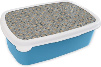 Broodtrommel Blauw - Lunchbox - Brooddoos - Bruin - Patronen - Geometrie - 18x12x6 cm - Kinderen - Jongen