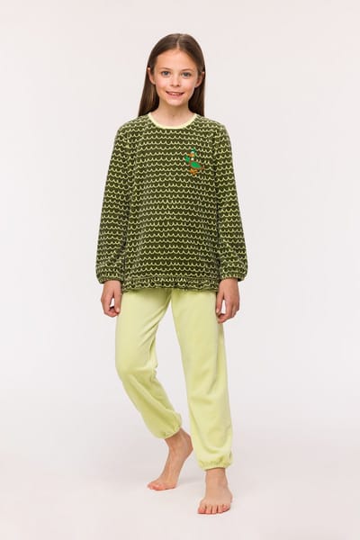 Woody - Meisjes-Dames Pyjama in velours - Groene golfjes - 10 jaar/140