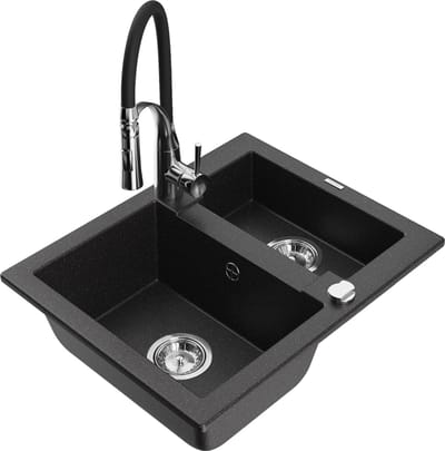 Mexen Carlos granieten gootsteen 1,5-comaprtiment met keukenmengkraan Aster, zwart/zilver metallic - 6518-73-73450-07