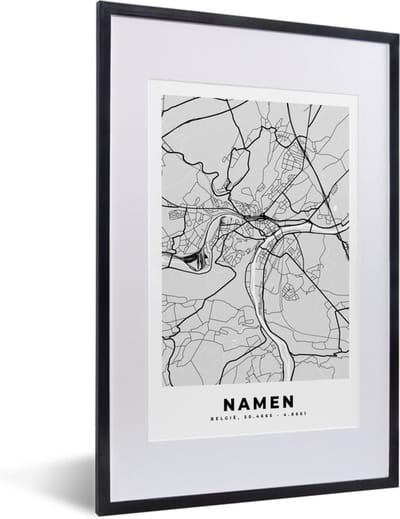 Fotolijst incl. Poster Zwart Wit- België – Namen – Stadskaart – Kaart – Zwart Wit – Plattegrond - 40x60 cm - Posterlijst