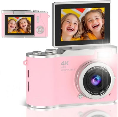 Digitale camera - 4K Digitale Camera 48MP met Flip Screen – Selfiecamera met 8x Zoom + 32GB Geheugenkaart - met 2,4 inch HD-kantelscherm, ingebouwd LED-invullicht - Vlogcamera - digitale camera kinderen - voor tieners en studenten (Roze)