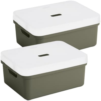 Sunware opbergbox - opslag mand - 2x stuks - 24 liter - donkergroen - kunststof - met transparante deksel - 45 x 35 x 18 cm