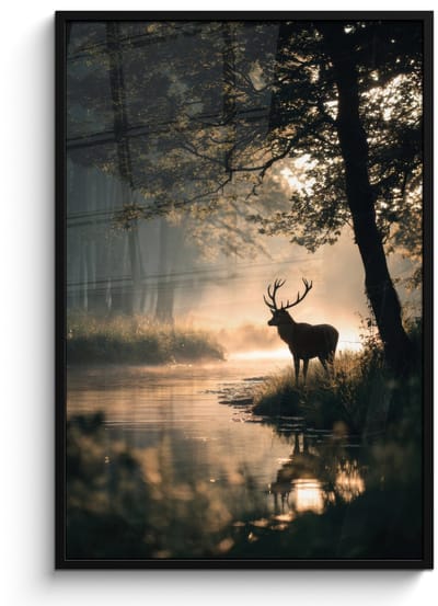 Poster in lijst - Fotolijst 80x120 cm - Posters - Hert - Bosbeek - Mystiek - Posterlijst zwart - Decoratie - Wanddecoratie woonkamer - Muurdecoratie slaapkamer