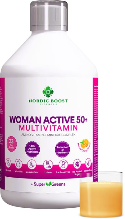 Nordic Boost Woman Active 50+ – Vloeibare Multivitamine voor Vrouwen 50+ – Gemaakt in Zweden – Sinaasappel – 500 ml – 33 Shots