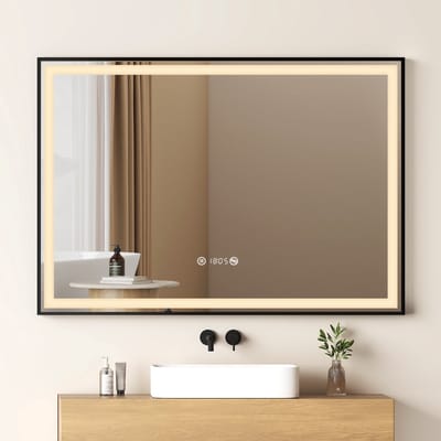 EMKE Spiegel met Verlichting - Anti Condens - 4300K Neutraal Dimbaar - Met klok - Zwarte Rand - 70x100cm - Douchespiegel Modern