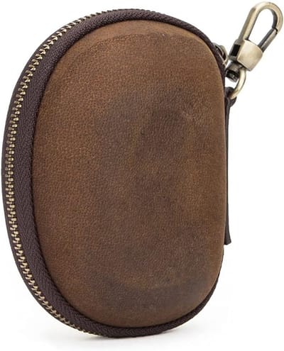 Draagbare leren opbergcase voor oordopjes en brillen, retro design, met sleutelhanger en compacte afmetingen van 8x4.5x11cm