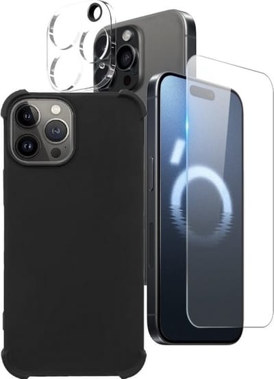 Anti -Shock Silicone hoesje zwart met Screenprotector Glas 2x en Camera lens protector 2x Geschikt voor: iPhone 13 Mini