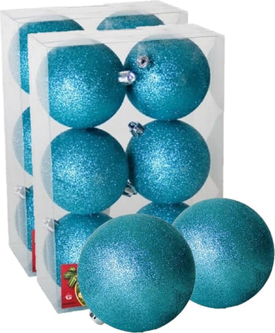 12x stuks kerstballen ijsblauw glitters kunststof diameter 8 cm - Kerstboom versiering