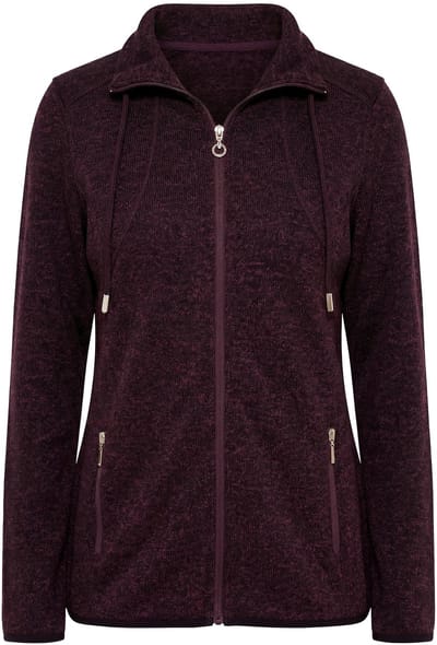 Ulla Popken - Dames - Jas van gebreid fleece ruiten opstaande kraag ritszakken - Nougat bruin - Maat 42+