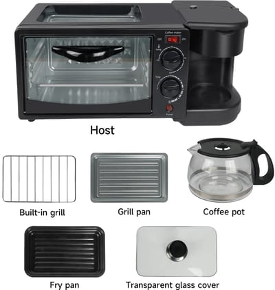 Cherrys Finds - 3-in-1 Ontbijtstation – Mini Oven 9L + Koffiezetapparaat 600ml + Grillplaat – Compact Keukenapparaat – 230°C – Zwart