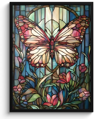 Poster in lijst - Fotolijst 50x70 cm - Posters - Vlinder - Roze - Bloemen - Bladeren - Posterlijst zwart - Decoratie - Wanddecoratie woonkamer - Muurdecoratie slaapkamer