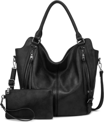 Grote leren schoudertas en handtas set voor dames, perfect voor kantoor, school en reizen, 2-delig, zwart