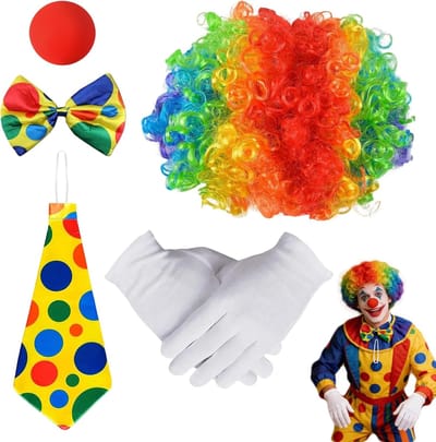 Clown Kostuum voor Volwassenen met Clownhaar, Rode Neus en Kleurrijke Accessoires voor Halloween en Feestjes, Maat: Universeel