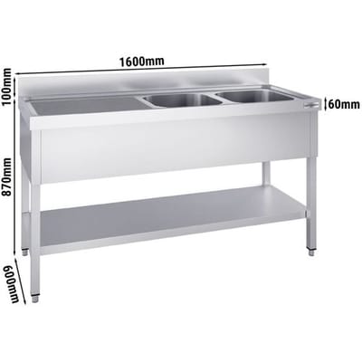 GGM Gastro Spültisch PREMIUM - 1600x600mm - mit Grundboden - mit 2 Becken rechts Zilver