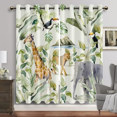 Dieren uit het regenwoud Bedrukte Raamgordijnen voor de Slaapkamer Gordijnen in Scandinavische Stijl voor Woonkamer Slaapkamer Keuken Huisdecoratie 2 Paneel W60H60(CM)x2PCS&Grommet Top beige
