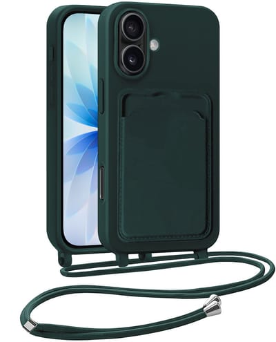 Hoesje Geschikt voor iPhone 17 Hoesje Met Telefoonkoord en Pasjeshouder Siliconen - Hoes Geschikt voor iPhone 17 Hoesje Met Kaarthouder Case - Donkergroen