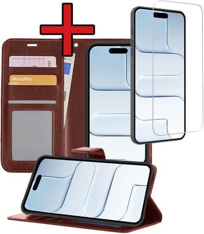 Hoesje - Met Screenprotector - Geschikt voor Apple iPhone Air - Luxe Pasjeshouder - Flipcase - Bookcase Portemonee - Flip Case - Kunstleer Book Case - Book Cover - Walletcase - Portemonneehoes - Telefoonhoes - Bruin