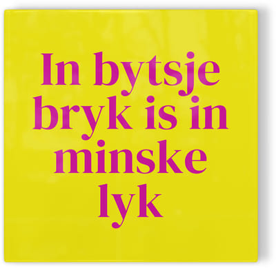 Tegeltje Friesland In bytsje bryk is in minske lyk - geel roze - tegeltje stad - tegeltje met tekst