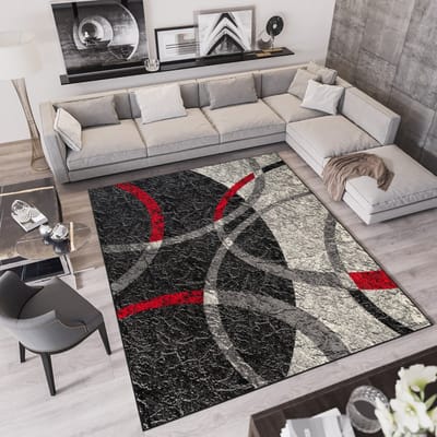Tapiso Qmega Vloerkleed Grijs Zwart Rood Tapijten Maat- 80x150