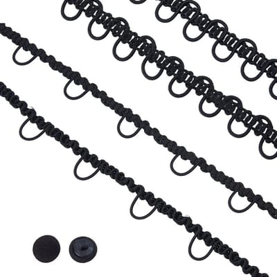 Elastische lussen kant trims in zwart, 20 yards voor knoopsgaten, kostuum naaien en bruidsjurk decoratie met 10 plastic knopen
