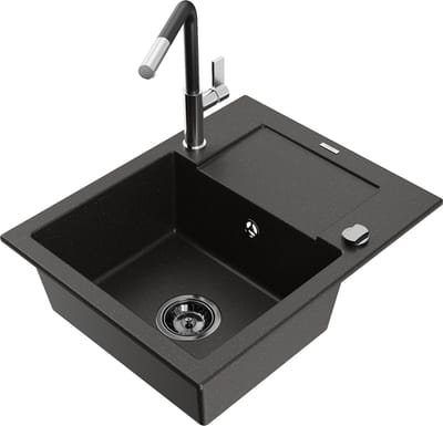 Mexen Enzo granieten spoelbak 1-komers met afdruiprek en keukenmengkraan Flora, zwart/gouden metallic - 6506-75-670401-07-B