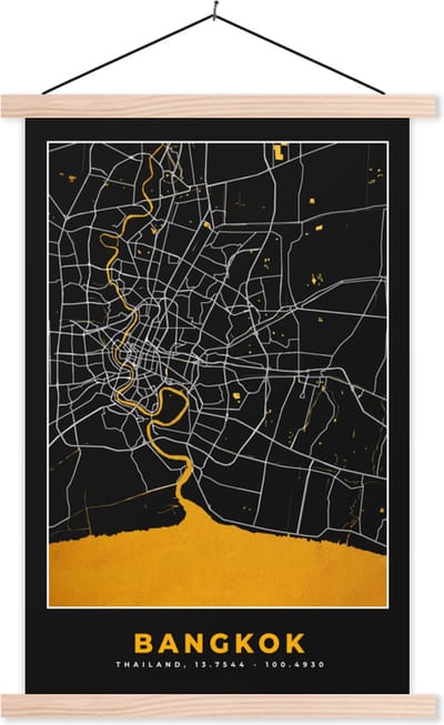 Posterhanger incl. Poster 40x60 cm - Schoolplaat - Bangkok - Goud - Plattegrond - Stadskaart - Kaart - Textielposter - Blanke latten - Stadskaart