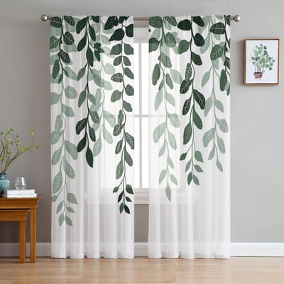 Bladplanten, Landelijk Groen Transparant Raamgordijn Tule Gordijnen voor Woonkamer Slaapkamer Hotel Huisdecoratie Voile Gordijnen 135W x 114H(cm) white