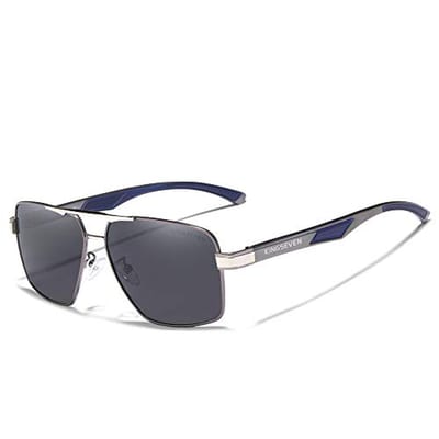 KINGSEVEN 7719 Heren Zonnebril - Rechthoek model - Metallic Frame met Blauwe Accenten & Donkere Lenzen