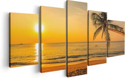 Artaza Canvas Schilderij Vijfluik Tropisch Strand Tijdens Zonsondergang - 100x50 cm - Wanddecoratie Woonkamer - Schilderijen - Muurdecoratie
