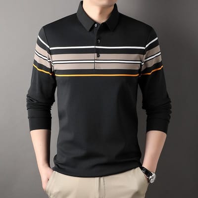 Herfst Nieuwe Heren Poloshirt, Modieus Casual Gestreept T-shirt met Lange Mouwen voor Jongeren en Middelbare Leeftijd, Los Onderhemd voor Mannen XXXXL black