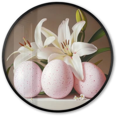 Poster in lijst Rond - Fotolijst 60x60 cm - Posters - Lelies - Eieren - Pasen - Ronde posterlijst zwart - Decoratie - Wanddecoratie woonkamer - Muurdecoratie slaapkamer