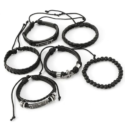 6-delige heren armbanden set zwart met kralen, vlechtwerk en metalen kruisdetails