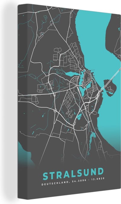 Canvas Schilderij Stadskaart – Plattegrond – Duitsland – Blauw – Stralsund– Kaart - 20x30 cm - Wanddecoratie
