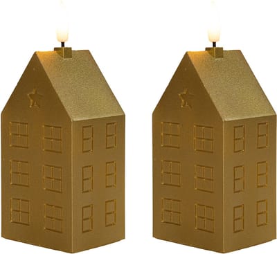 Anna's Collection LED kaars huisje - 2x - goud - H15 cm - met timer - op batterijen - kerst decoratie