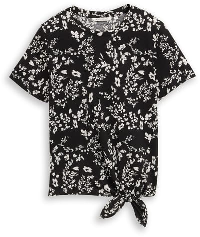 Tom Tailor Denim - T-shirt met knoopdetail - Maat XS - black white flower print
