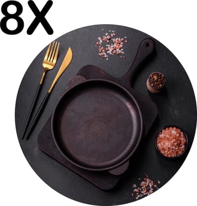 Luxe Ronde Placemat - Compositie van Lege Pan en Bestek - Set van 8 Placemats - 50x50 cm - 2 mm dik Vinyl - Anti Slip - Afneembaar