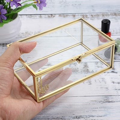 Gouden vintage rechthoekige juwelendoos met glazen deksel, voor sieraden, ringen, armbanden, woondecoratie (klein)
