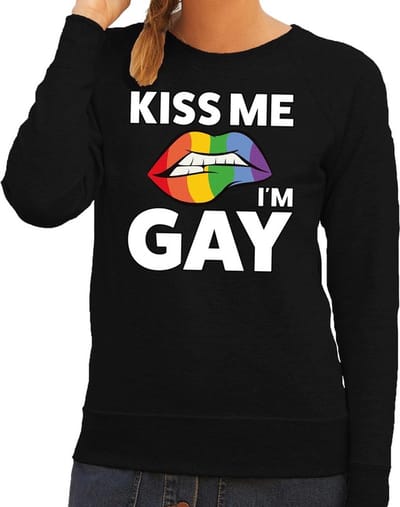 Kiss me I am gay sweater zwart dames - feest shirts dames - gay pride kleding XS