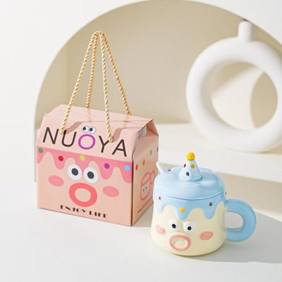 Handgetekende Cartoon Mok met Deksel Lepel Koppels Drinkwaterbeker Grappige Uitdrukking Cadeau Beker Huishouden Melk Ontbijtbeker 401-500ml