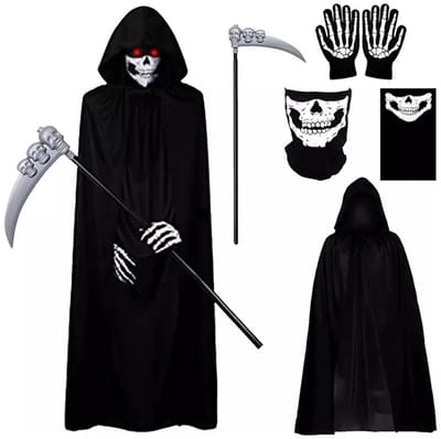Joya Party® Magere Hein Verkleedset Volwassenen | Halloween Kostuum met Cape | Skelet Handschoenen | Masker | Zeis | Volledige Grim Reaper Outfit Inclusief Accessoires